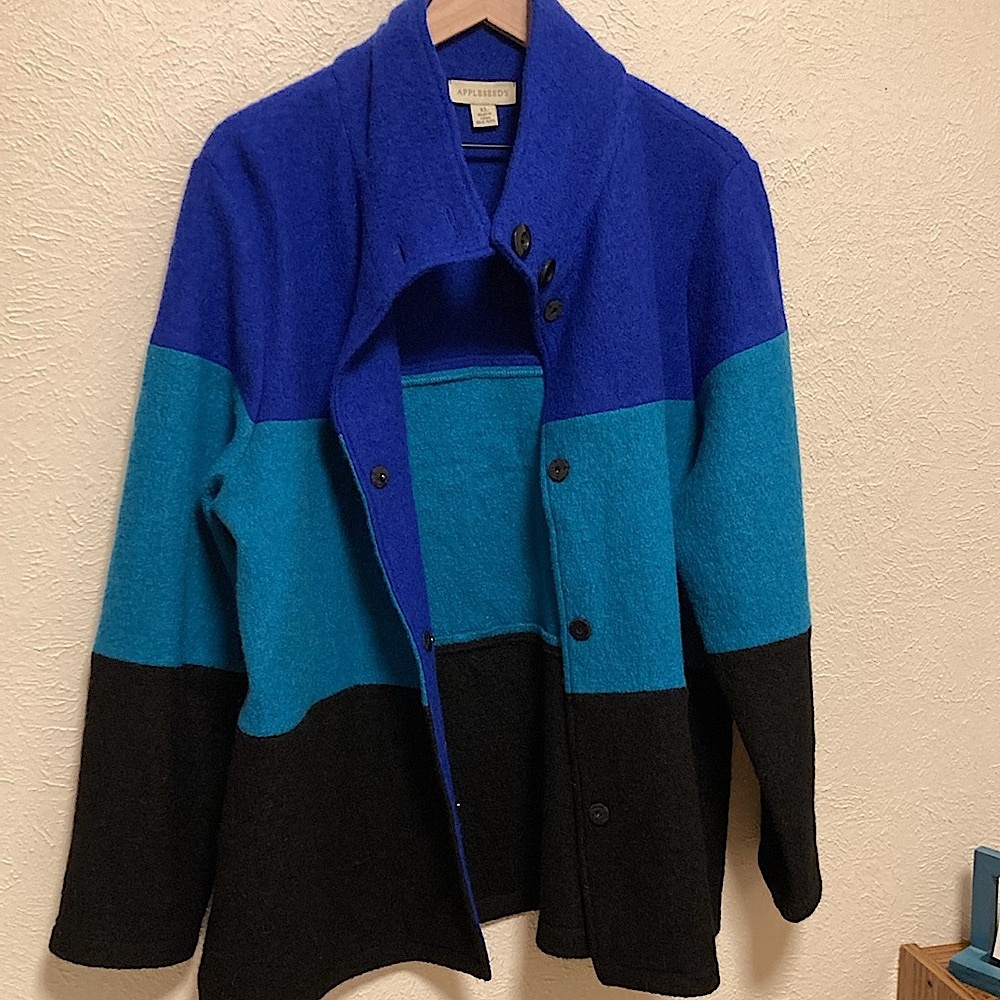 VINTAGE Appleseed’s Boiled Wool Colorblock Cardigan Coat Jacket Button Snap XL